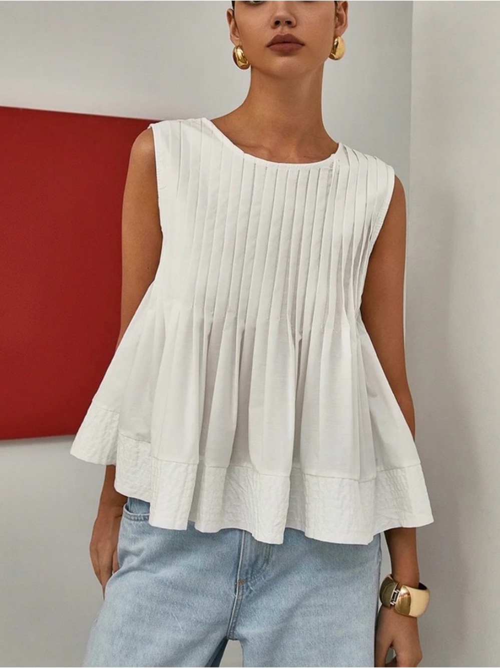 NWT Commense Cotton Sleeveless White Pleated Peplum Top M